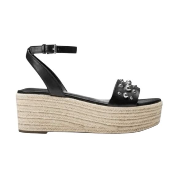 Marc Fisher Joyce Platform Espadrille Sandals Black Vegan Leather Silver Stud An - Picture 2 of 10